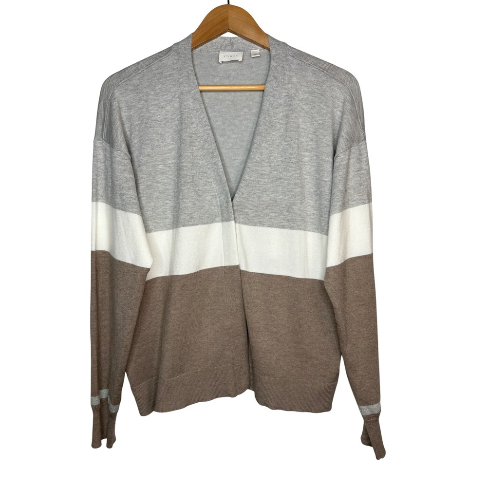 CYRUS Color Block Cardigan Women Size Large Gray White Brown‎ Long Sleeve